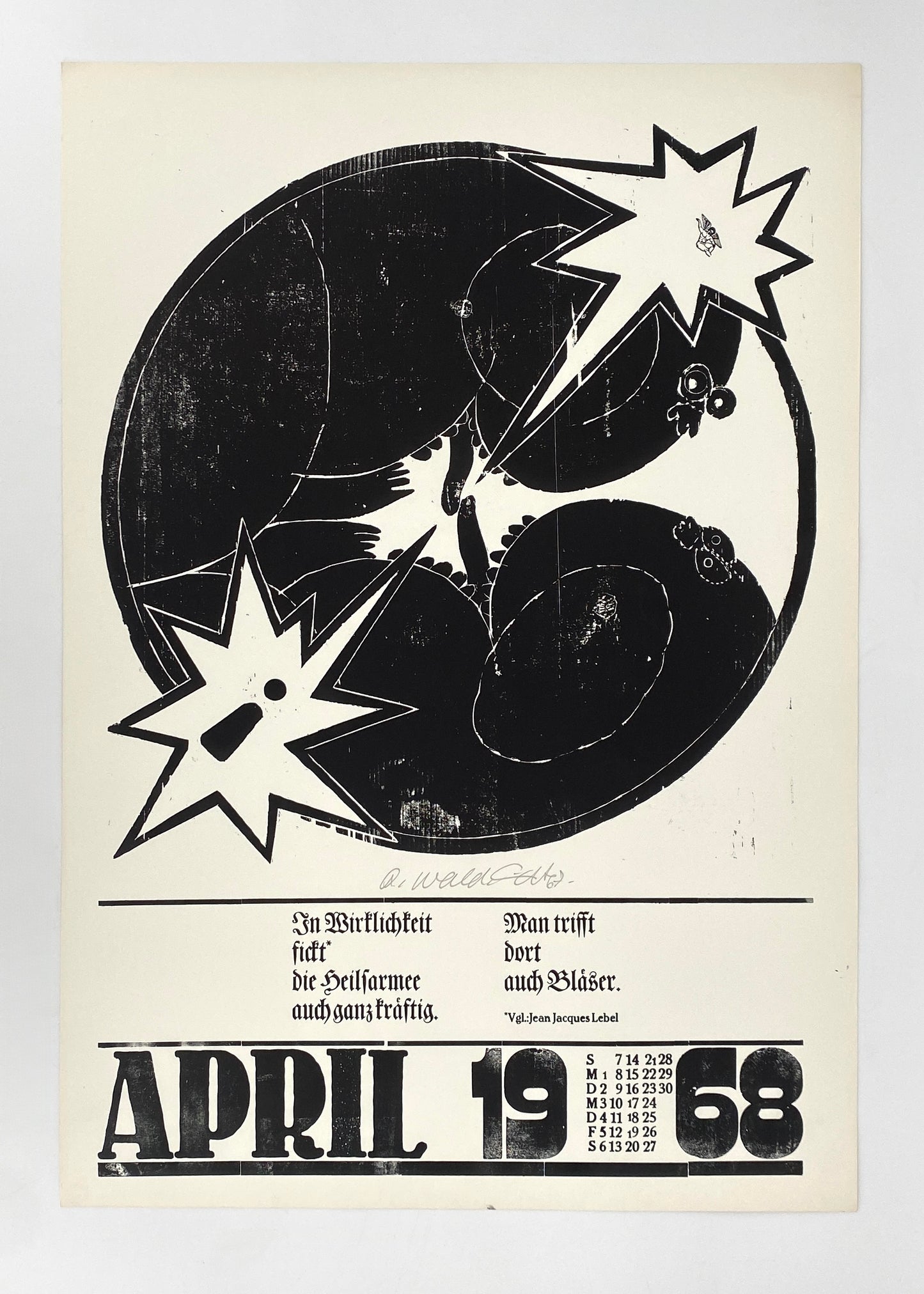 Signierte Holzschnittblätter des Bilderkalenders 1968 von Werkstatt Rixdorfer Drucke, im Stil der Pop Art