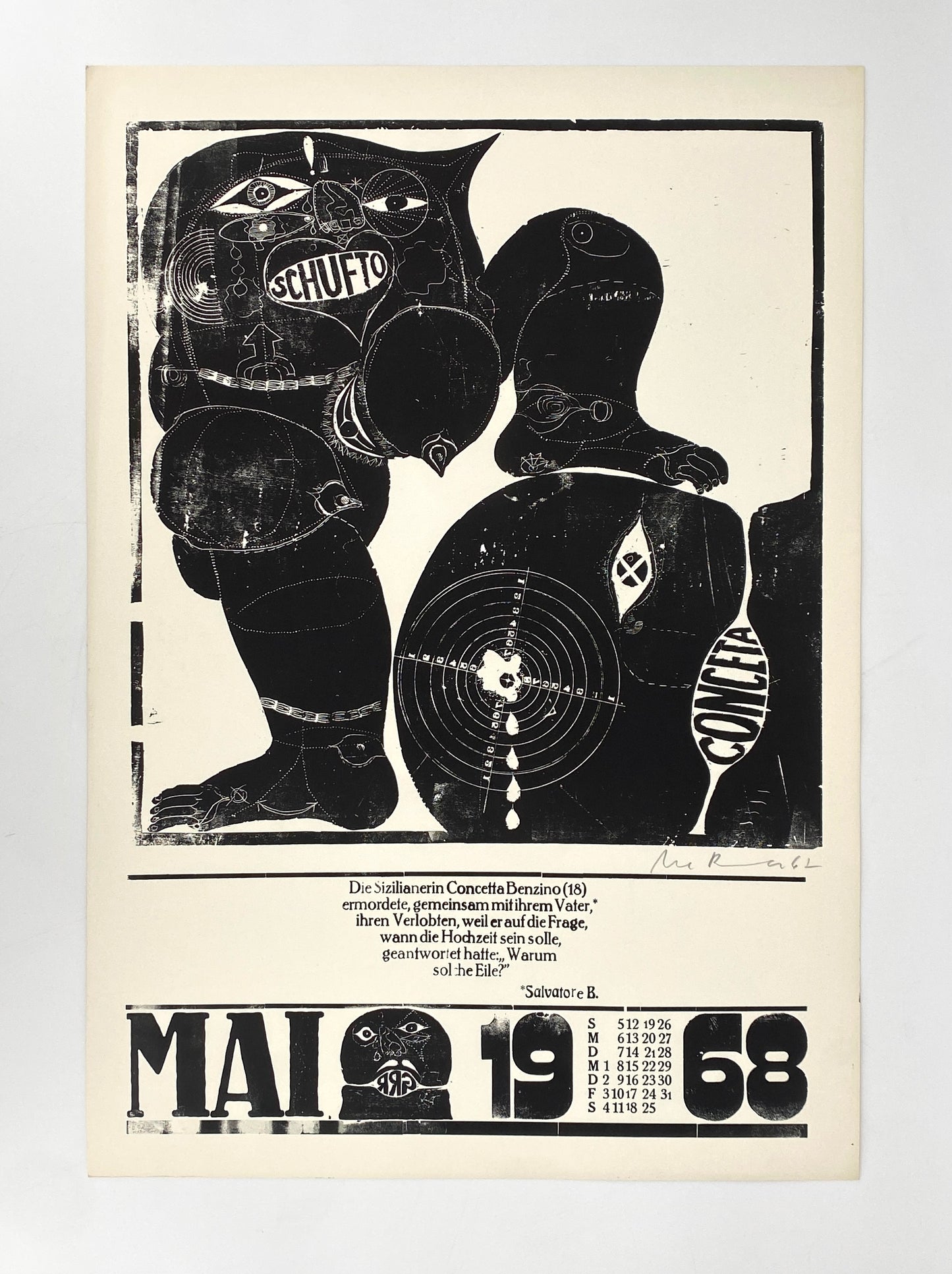 Signierte Holzschnittblätter des Bilderkalenders 1968 von Werkstatt Rixdorfer Drucke, im Stil der Pop Art