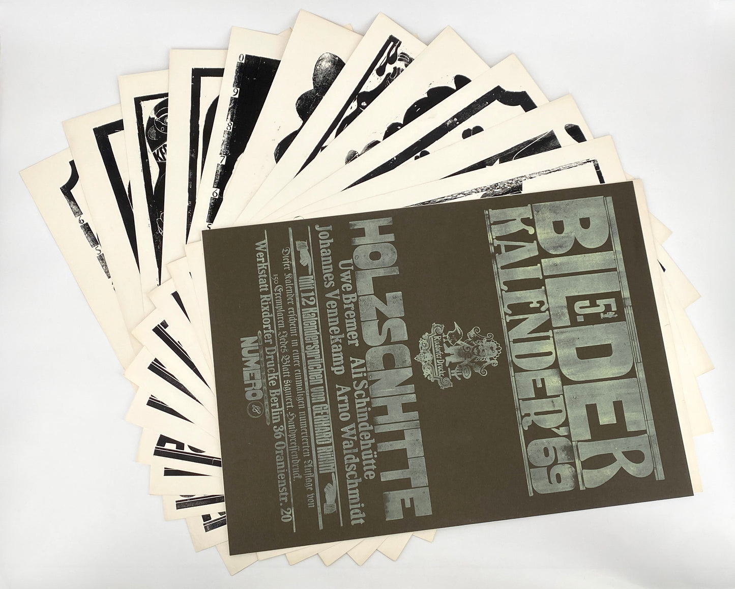 Signierte Holzschnittblätter des Bilderkalenders 1969 von Werkstatt Rixdorfer Drucke, Berlin