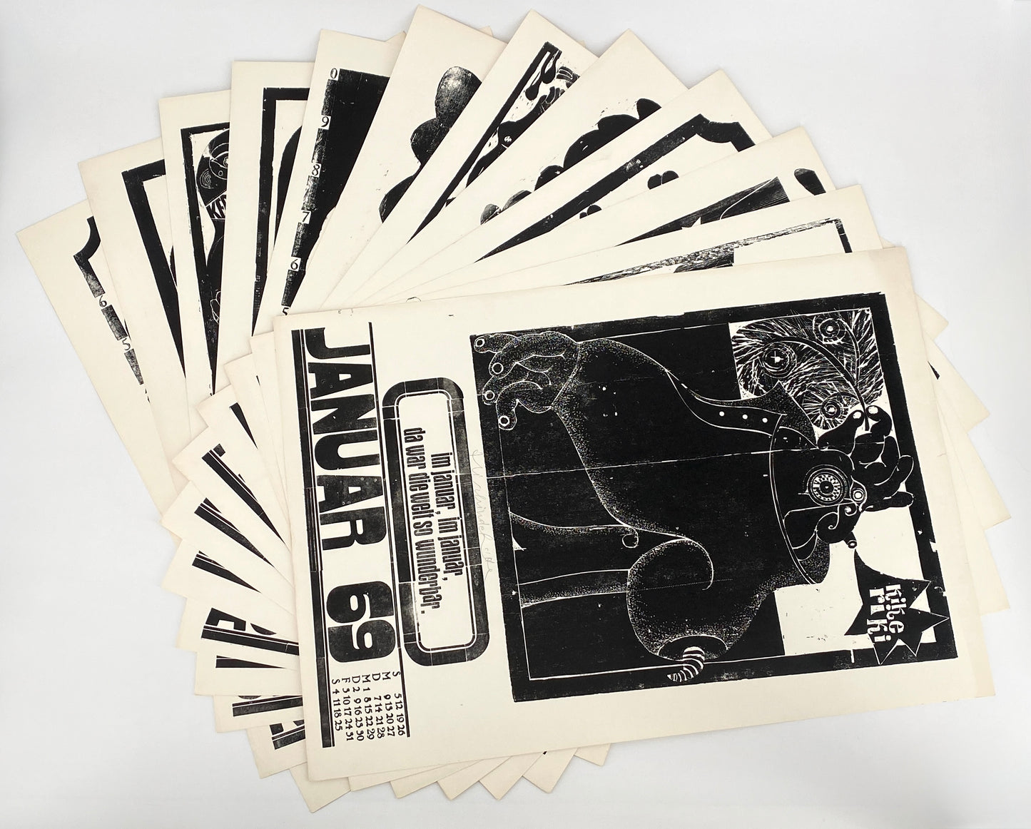 Signierte Holzschnittblätter des Bilderkalenders 1969 von Werkstatt Rixdorfer Drucke, Berlin