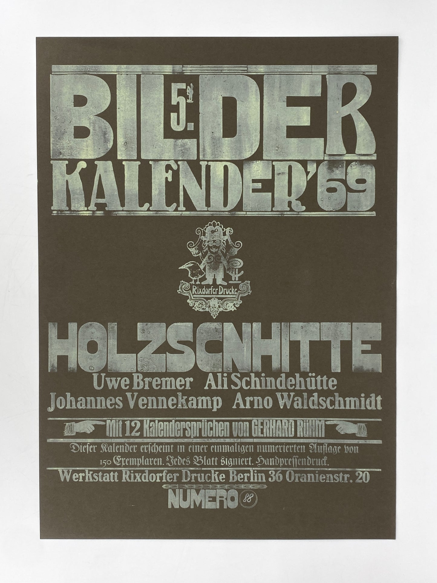 Signierte Holzschnittblätter des Bilderkalenders 1969 von Werkstatt Rixdorfer Drucke, Berlin