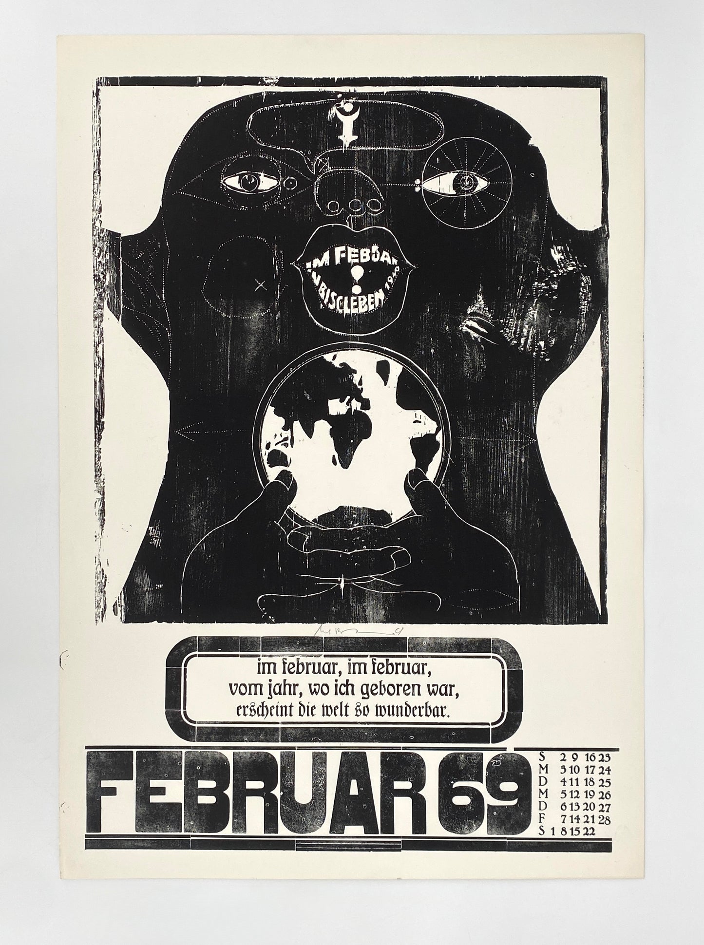 Signierte Holzschnittblätter des Bilderkalenders 1969 von Werkstatt Rixdorfer Drucke, Berlin