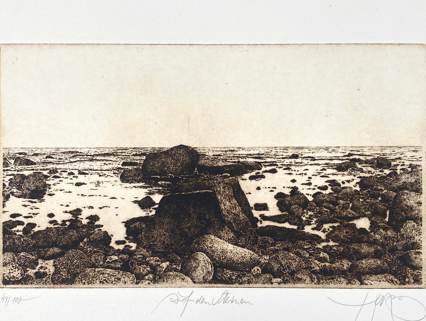 Detailreche Radierung "Auf den Steinen" mit Plattenton von Walter Herzog, handsigniert, nummeriert