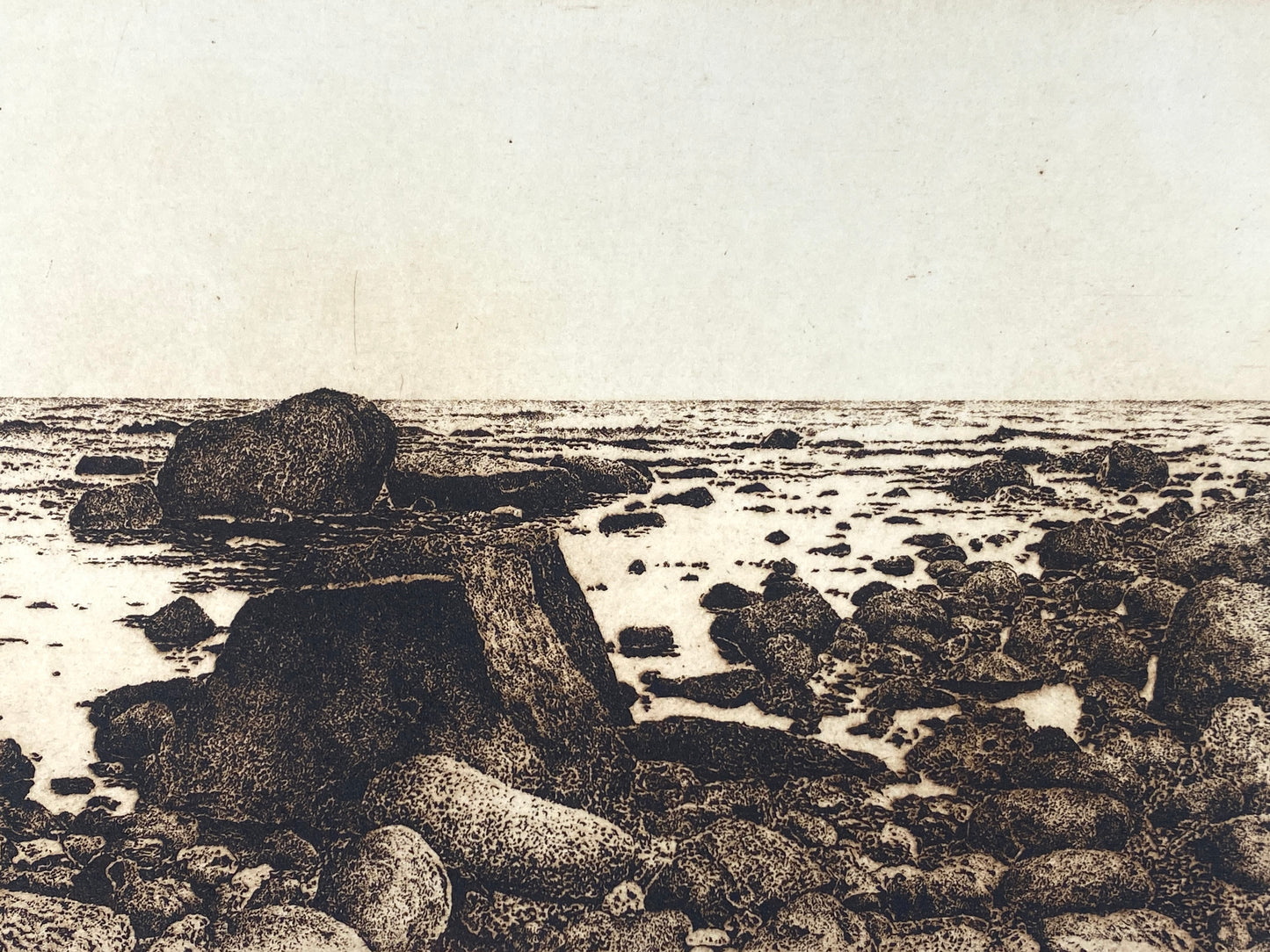 Detailreche Radierung "Auf den Steinen" mit Plattenton von Walter Herzog, handsigniert, nummeriert