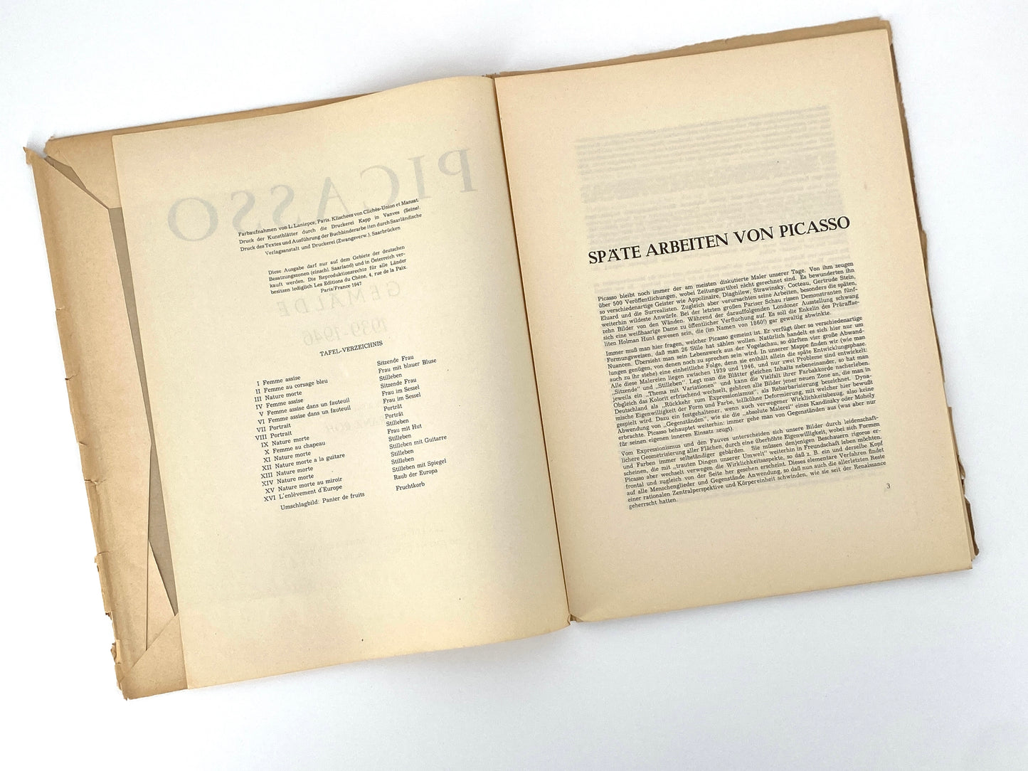 Mappe "Picasso. Gemälde 1939–1946" mit 15 losen Tafeln aus dem Jahr 1947, Ausgabe für die Besatzungszonen