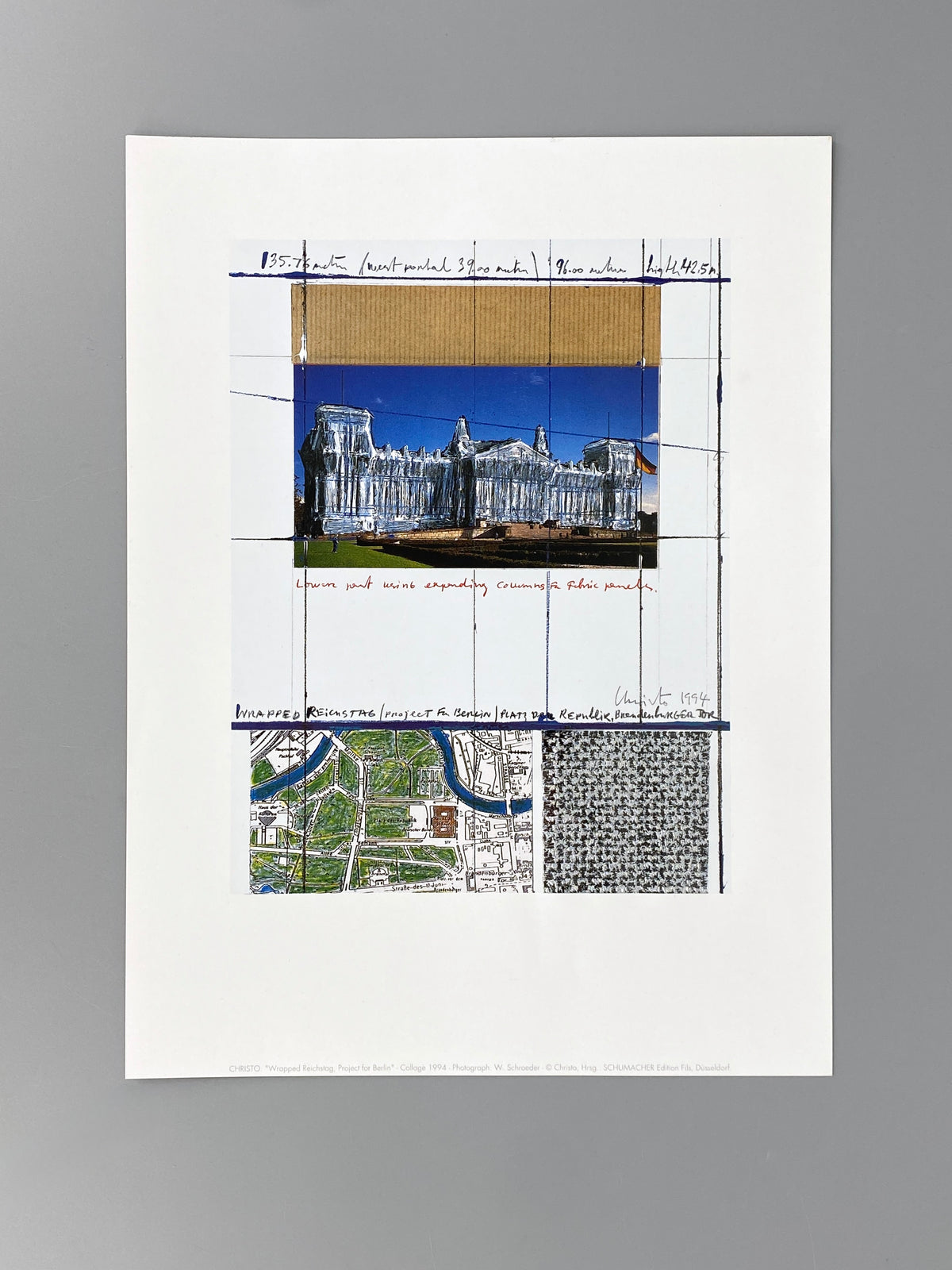 Grafik "Wrapped Reichstag, Project for Berlin" von Christo mit Prägedruck und Silberfolie, Edition Fils, Düsseldorf