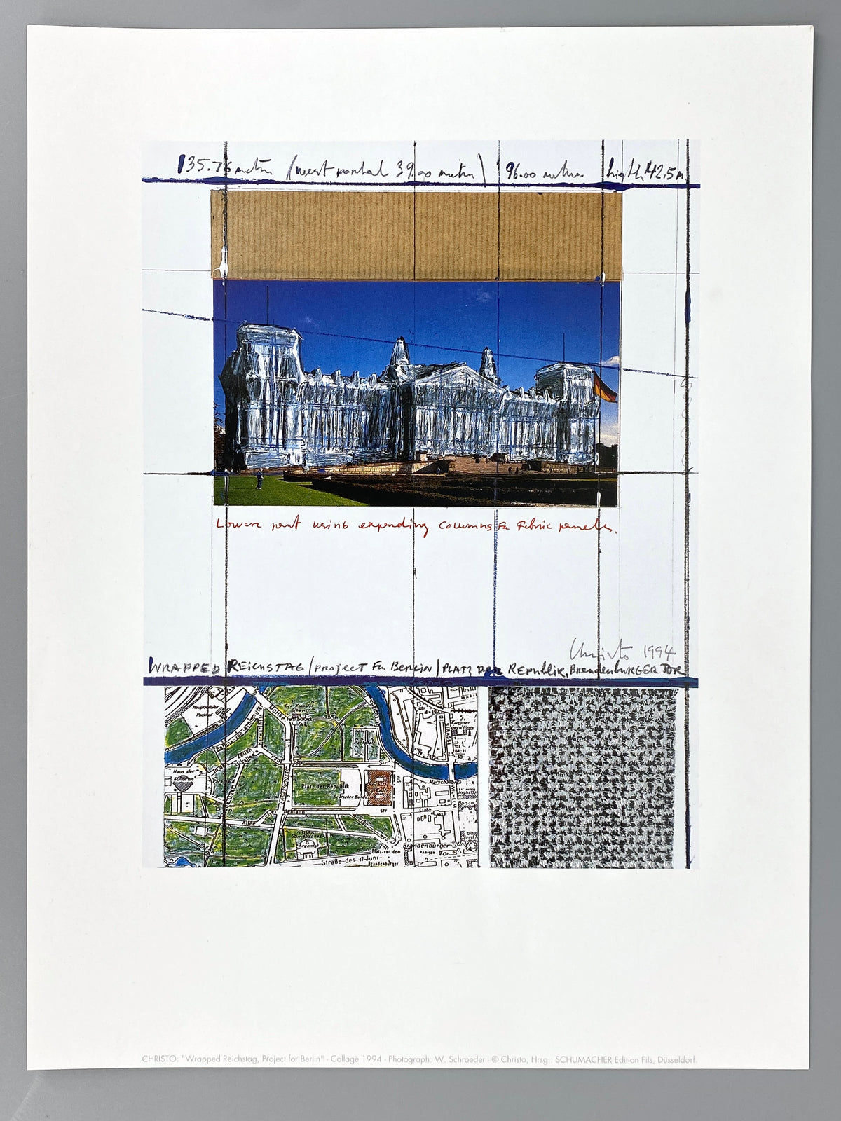 Grafik "Wrapped Reichstag, Project for Berlin" von Christo mit Prägedruck und Silberfolie, Edition Fils, Düsseldorf