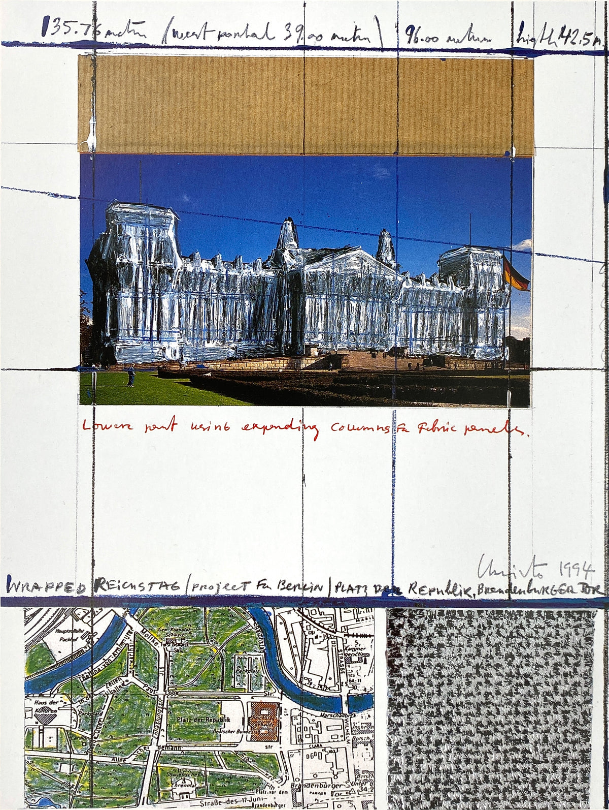 Grafik "Wrapped Reichstag, Project for Berlin" von Christo mit Prägedruck und Silberfolie, Edition Fils, Düsseldorf