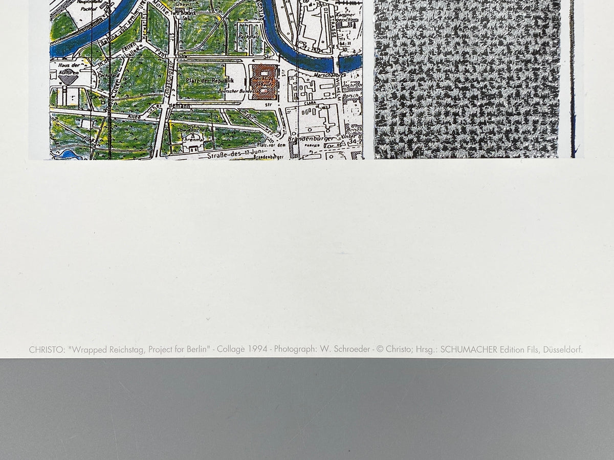 Grafik "Wrapped Reichstag, Project for Berlin" von Christo mit Prägedruck und Silberfolie, Edition Fils, Düsseldorf
