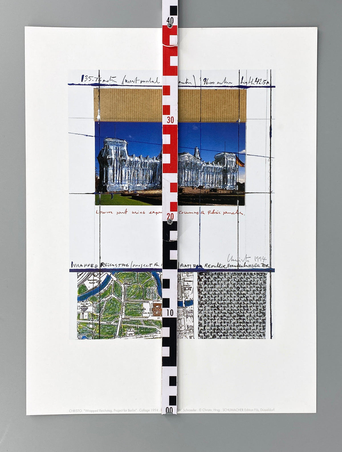 Grafik "Wrapped Reichstag, Project for Berlin" von Christo mit Prägedruck und Silberfolie, Edition Fils, Düsseldorf