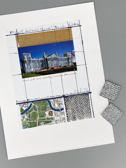 Grafik "Wrapped Reichstag, Project for Berlin" von Christo mit Prägedruck und Silberfolie, Edition Fils, Düsseldorf