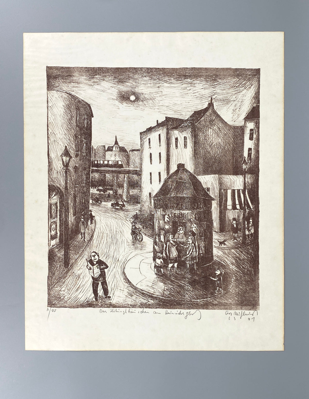 Lithografie "Zeitungshäuschen am Heinrichplatz" von Kurt Mühlenhaupt (1921–2006), 1971