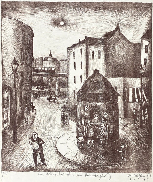 Lithografie "Zeitungshäuschen am Heinrichplatz" von Kurt Mühlenhaupt (1921–2006), 1971