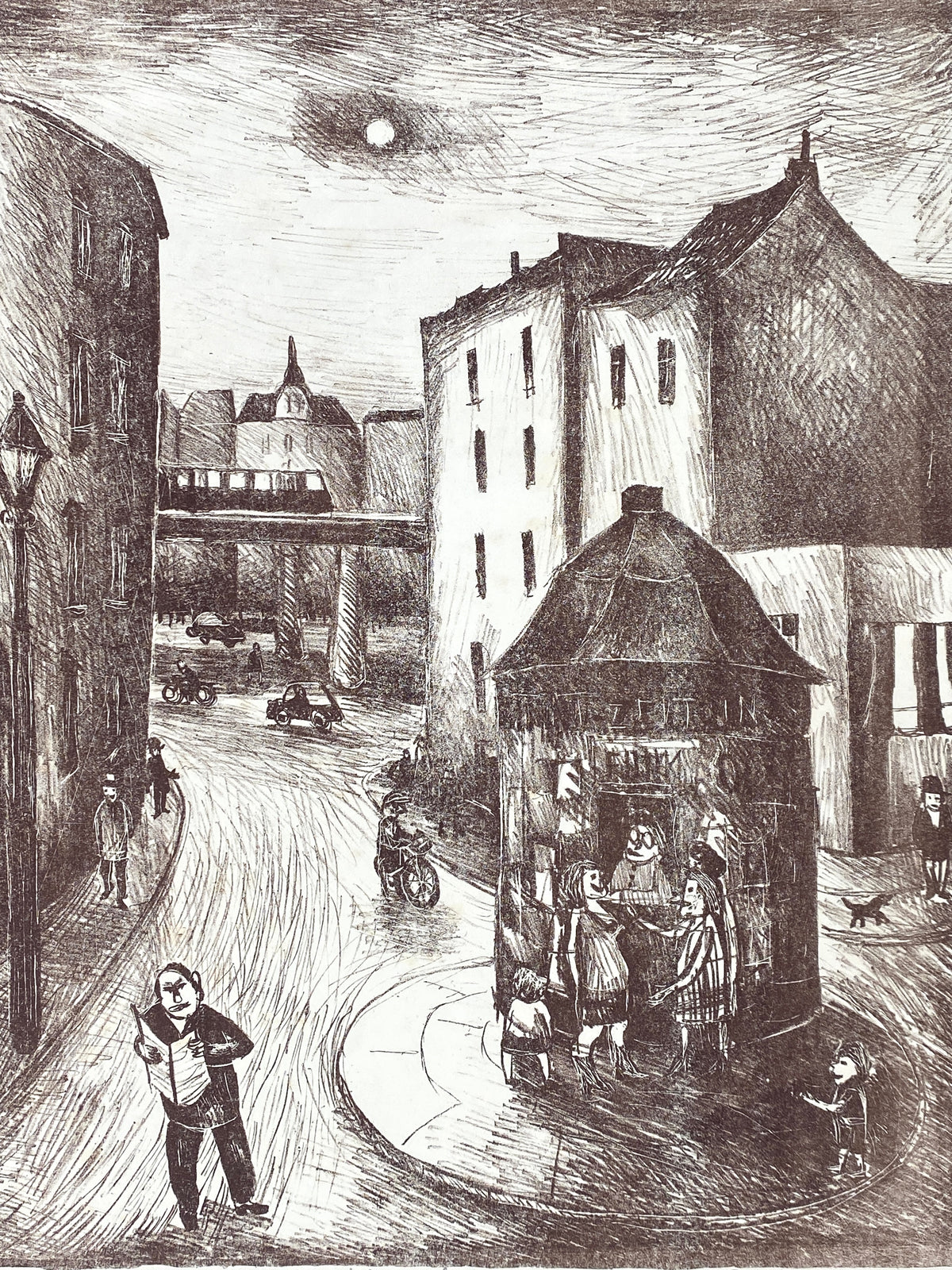 Lithografie "Zeitungshäuschen am Heinrichplatz" von Kurt Mühlenhaupt (1921–2006), 1971
