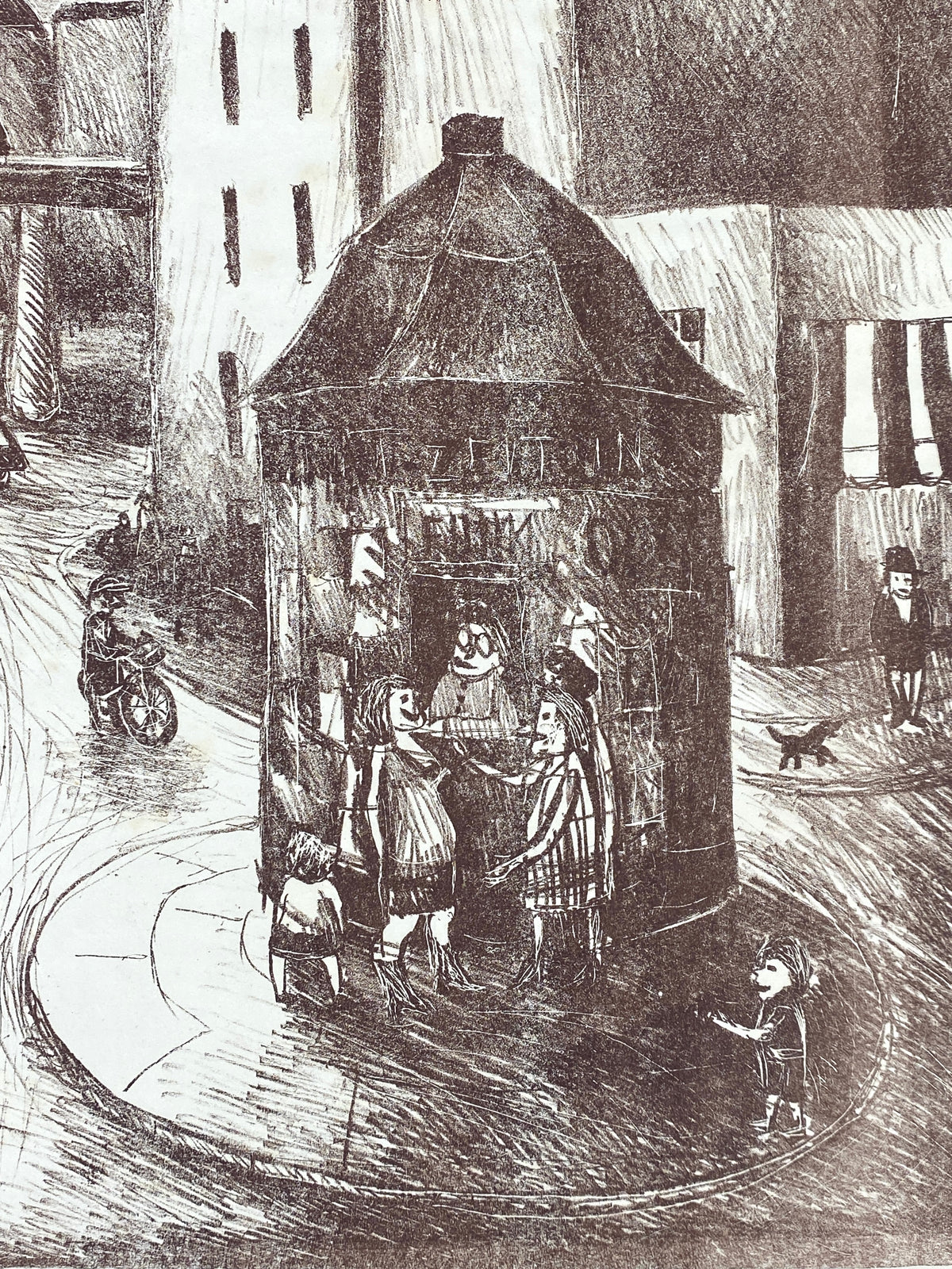 Lithografie "Zeitungshäuschen am Heinrichplatz" von Kurt Mühlenhaupt (1921–2006), 1971