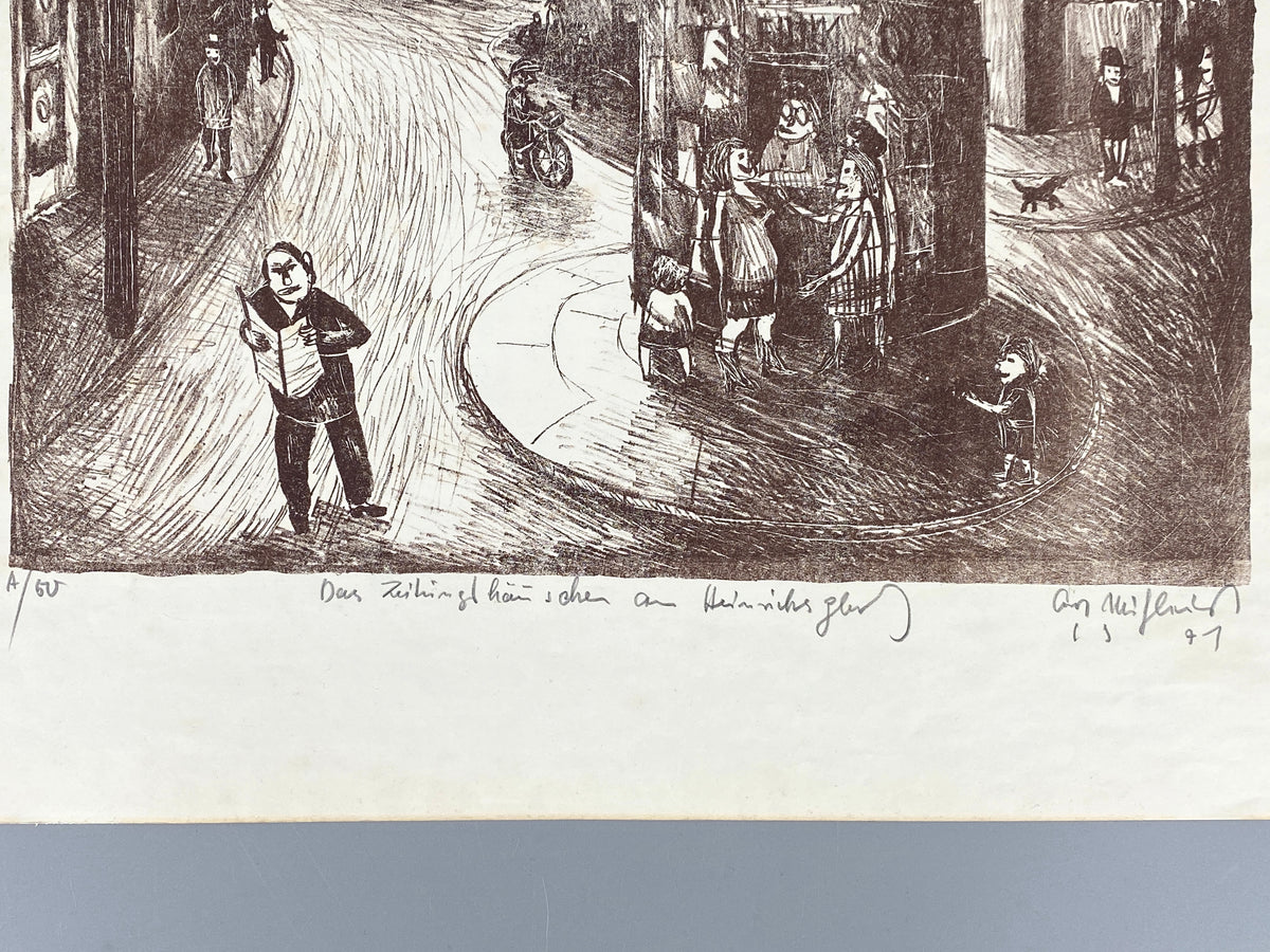 Lithografie "Zeitungshäuschen am Heinrichplatz" von Kurt Mühlenhaupt (1921–2006), 1971