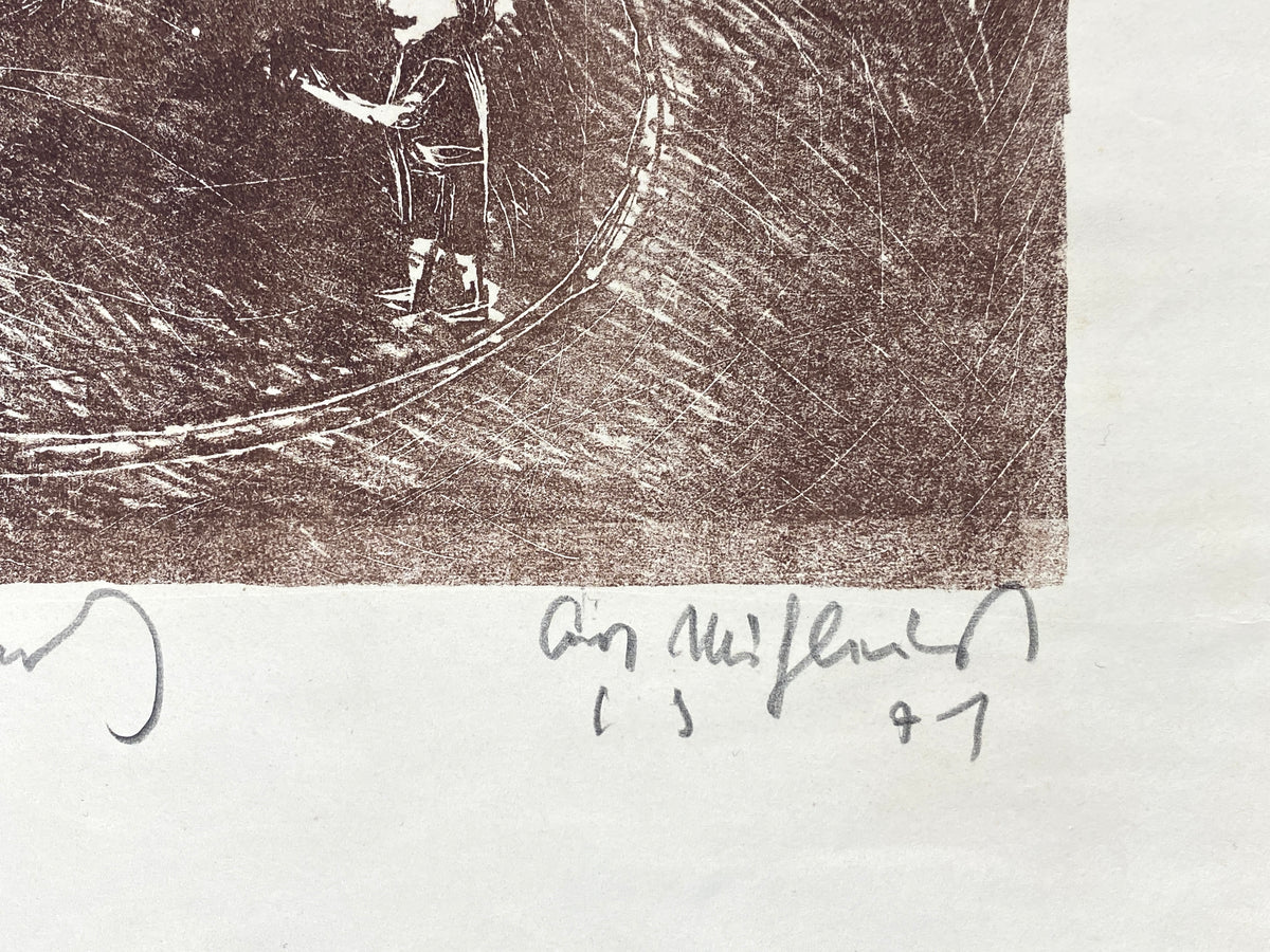 Lithografie "Zeitungshäuschen am Heinrichplatz" von Kurt Mühlenhaupt (1921–2006), 1971