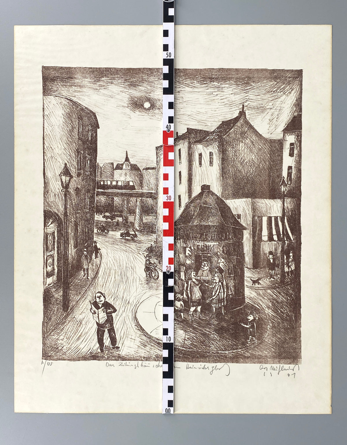 Lithografie "Zeitungshäuschen am Heinrichplatz" von Kurt Mühlenhaupt (1921–2006), 1971