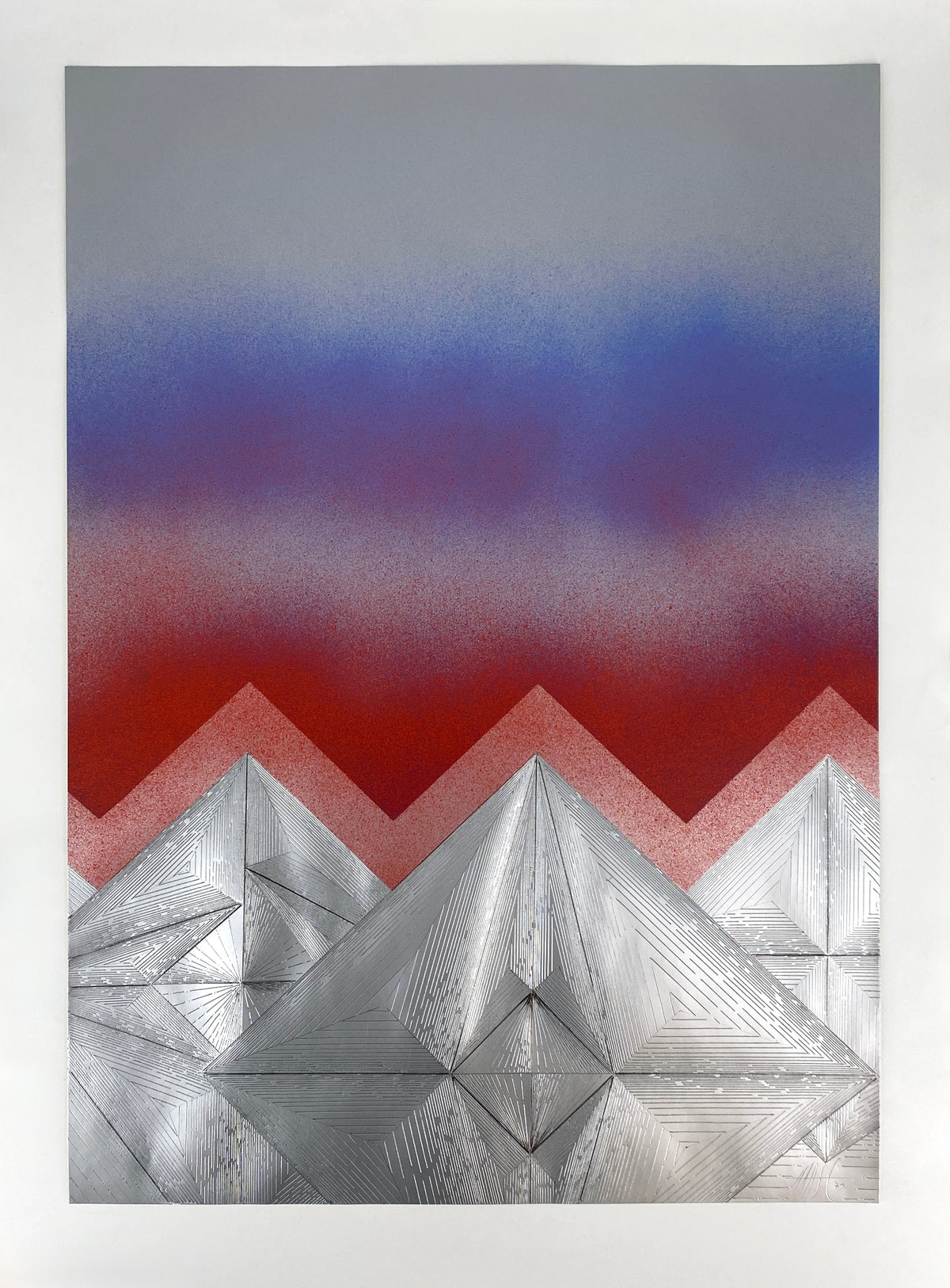 Handzeichnung mit gespritzten Farben auf silbernem Karton von Volkmar Haase (1930–2012), Unikat von 1971
