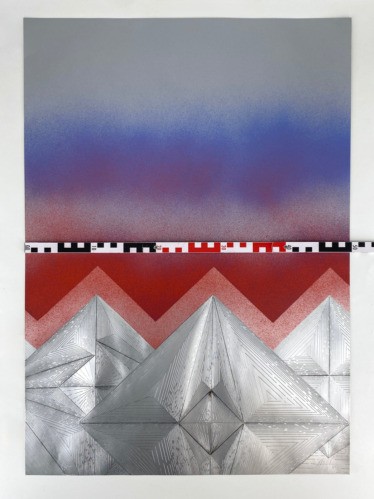 Handzeichnung mit gespritzten Farben auf silbernem Karton von Volkmar Haase (1930–2012), Unikat von 1971
