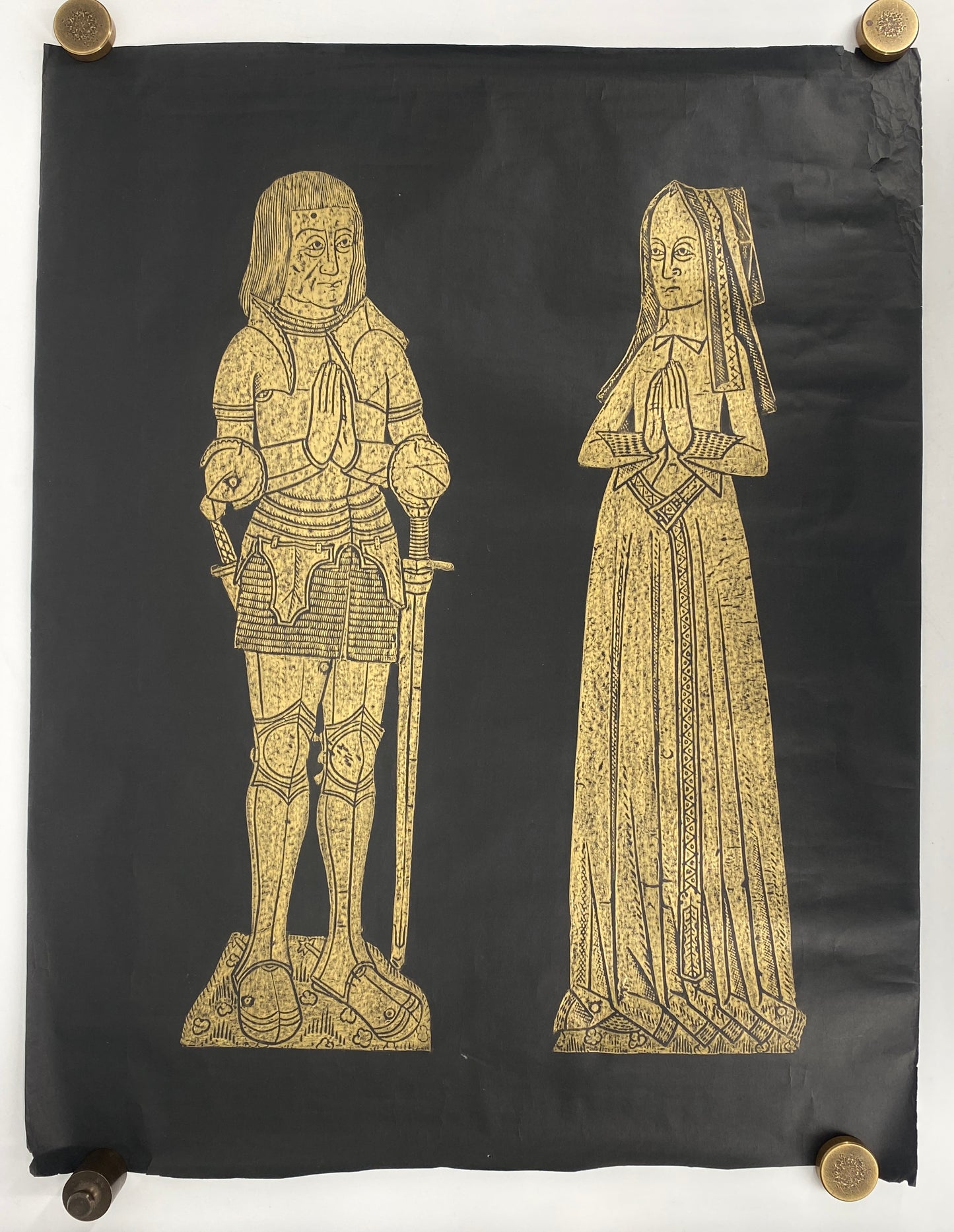 Frottage eines mittelalterlichen Grabsteins von einem Ehepaar (John Tame und Alice Twynyho) von 1471, England 70er