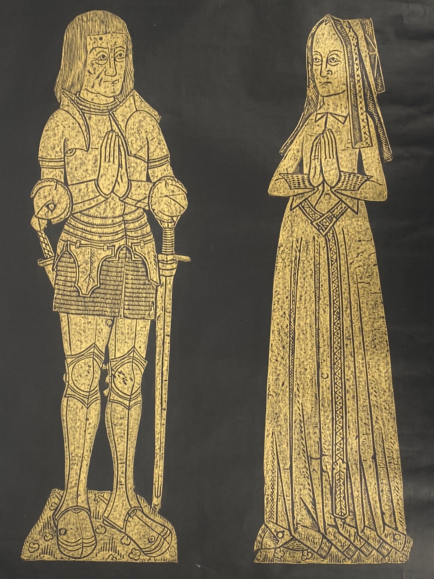 Frottage eines mittelalterlichen Grabsteins von einem Ehepaar (John Tame und Alice Twynyho) von 1471, England 70er