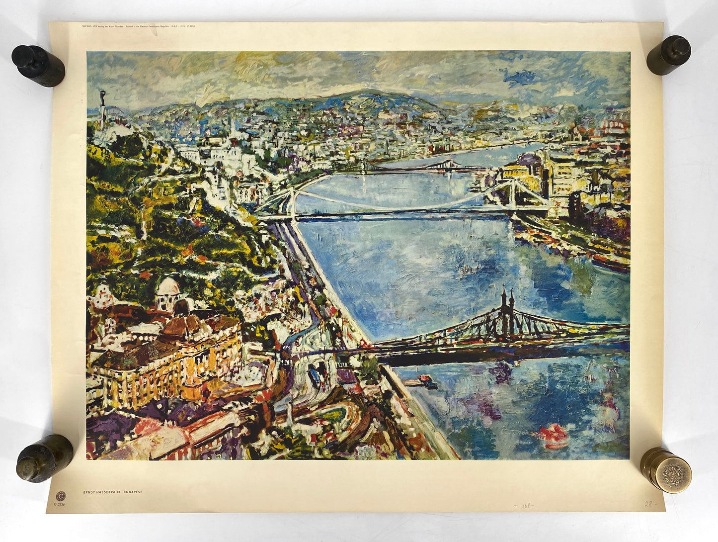 Poster mit einem Gemälde von Ernst Hassebrauk (1905–1974), Stadtansicht von Budapest, 1974