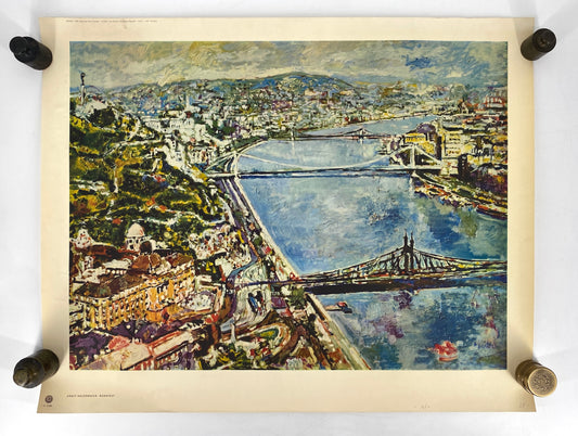 Poster mit einem Gemälde von Ernst Hassebrauk (1905–1974), Stadtansicht von Budapest, 1974