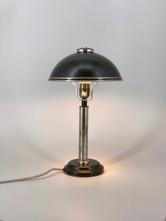 Art Deco Tischlampe, Pilzlampe aus Metall in Silber und Schwarz, 30er