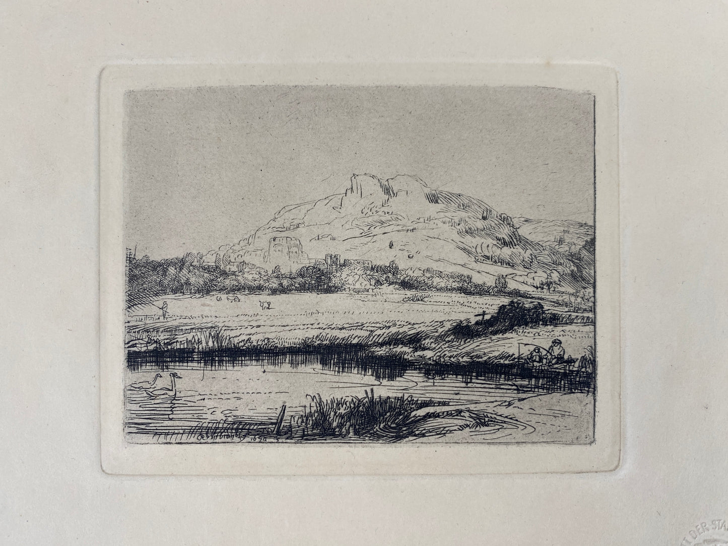 Kupferstich-Faksimile "Kanal mit einem Angler und zwei Schwänen" von Rembrandt, Deutschland, ca. 1900