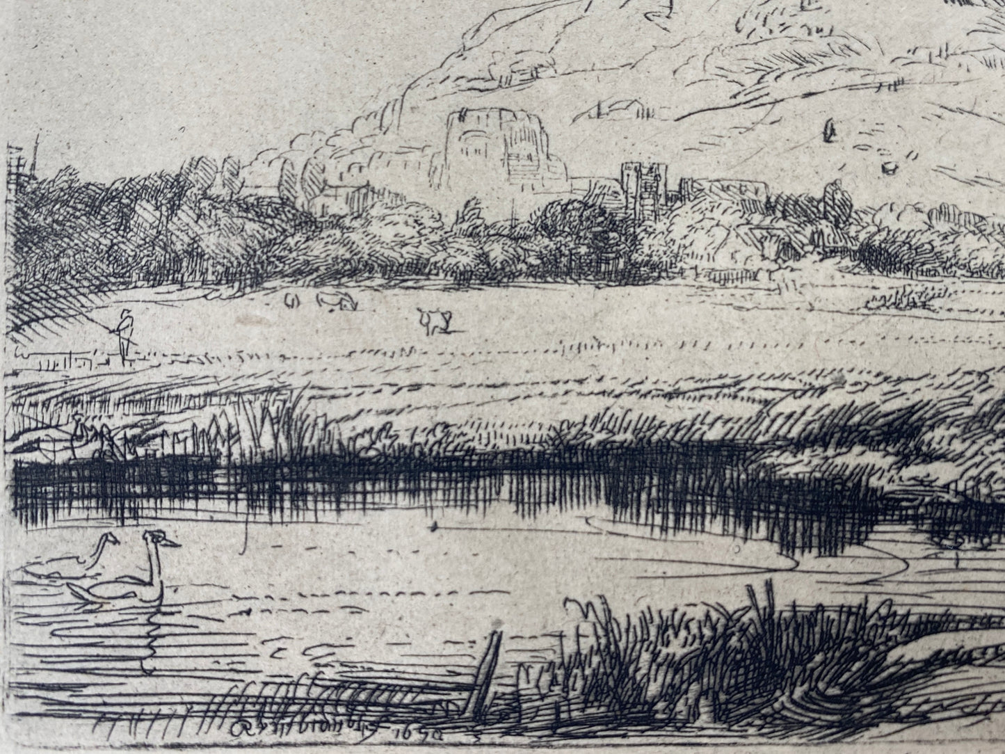 Kupferstich-Faksimile "Kanal mit einem Angler und zwei Schwänen" von Rembrandt, Deutschland, ca. 1900
