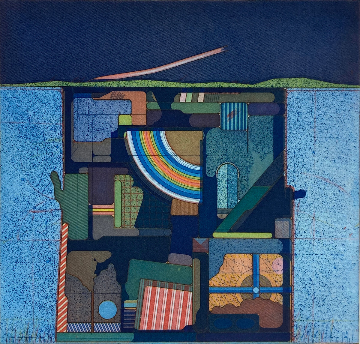 Signierte Farbradierung von Peter Umlauf (geb. 1938) im Stil von Konrad Klapheck, 1973