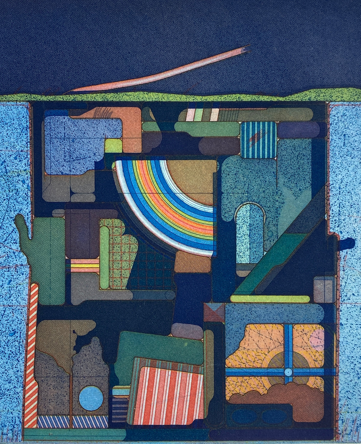 Signierte Farbradierung von Peter Umlauf (geb. 1938) im Stil von Konrad Klapheck, 1973