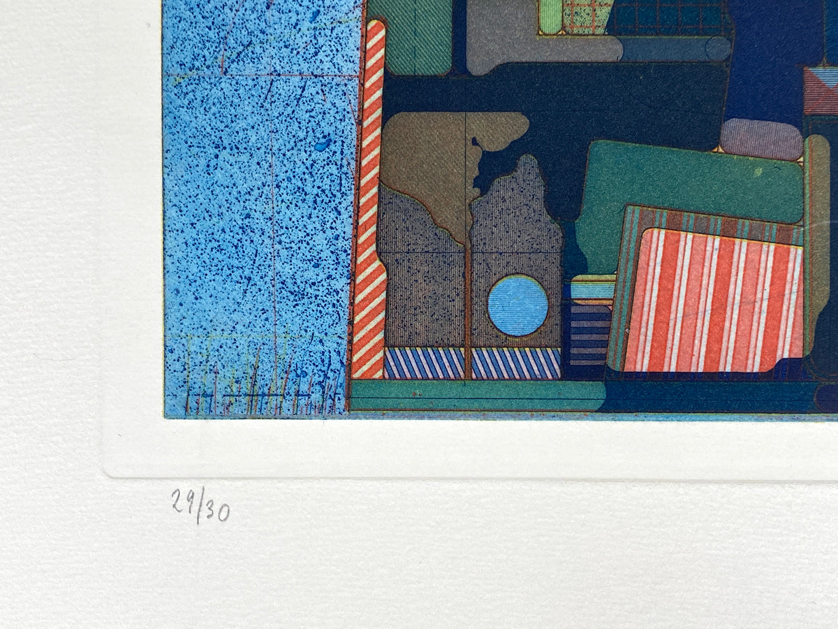 Signierte Farbradierung von Peter Umlauf (geb. 1938) im Stil von Konrad Klapheck, 1973