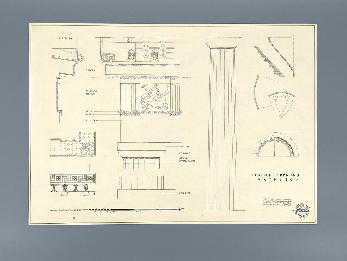 Handzeichnung "Dorische Ordnung am Parthenon" vom Architekten Dieter Rogalla, 1952