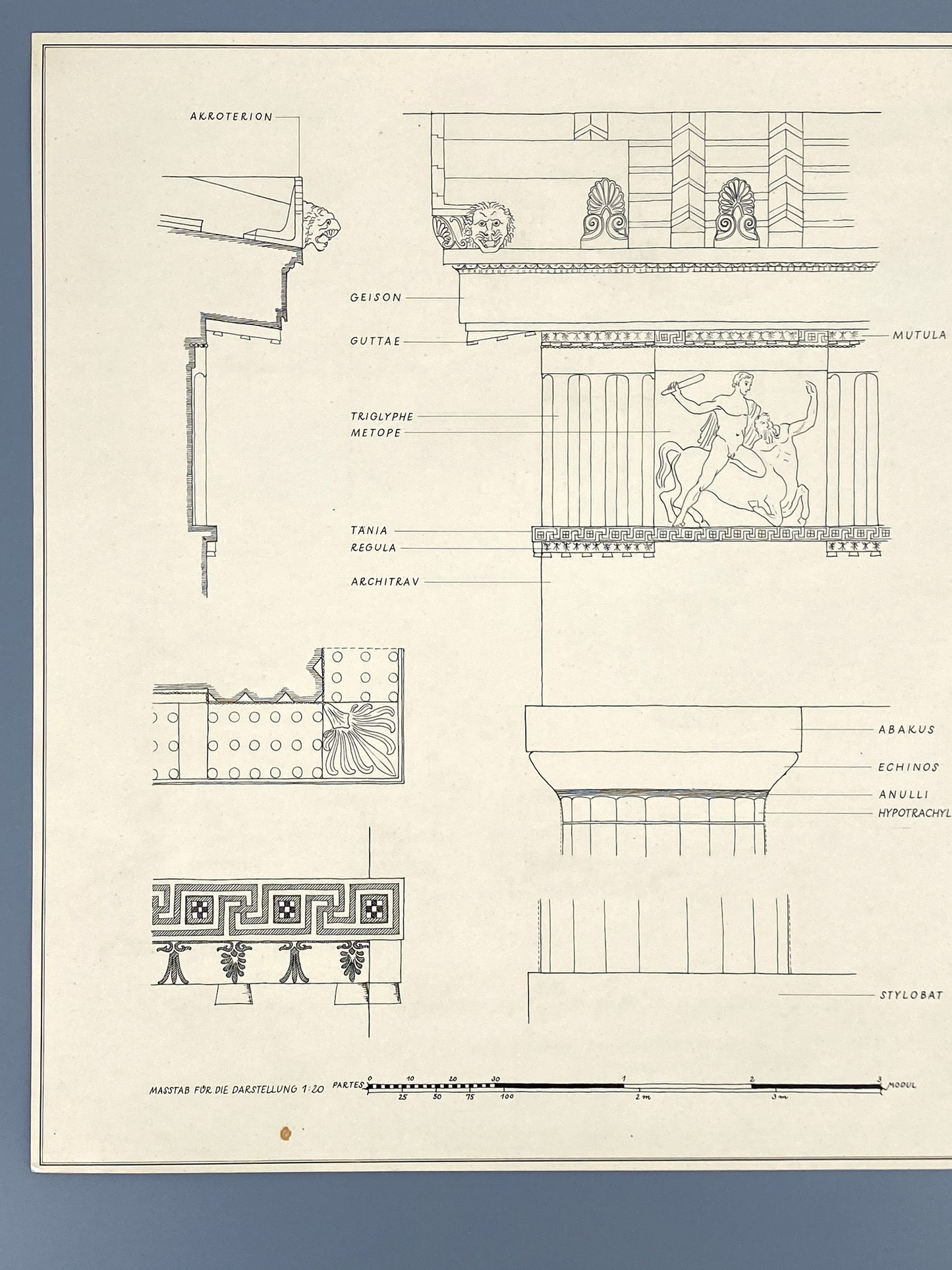 Handzeichnung "Dorische Ordnung am Parthenon" vom Architekten Dieter Rogalla, 1952
