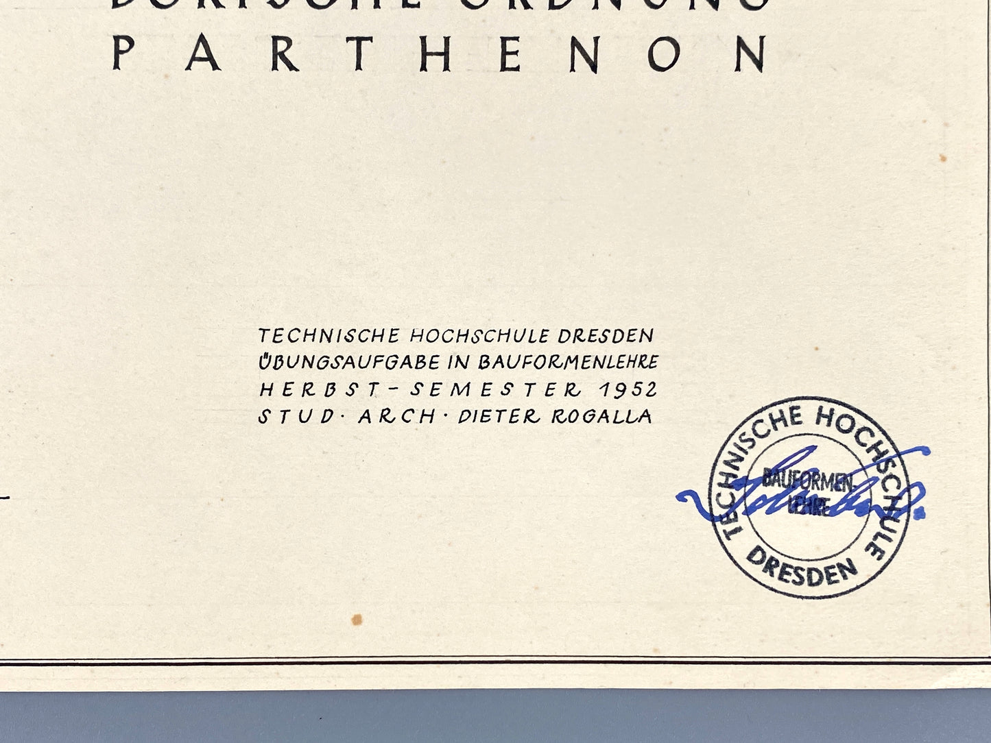 Handzeichnung "Dorische Ordnung am Parthenon" vom Architekten Dieter Rogalla, 1952