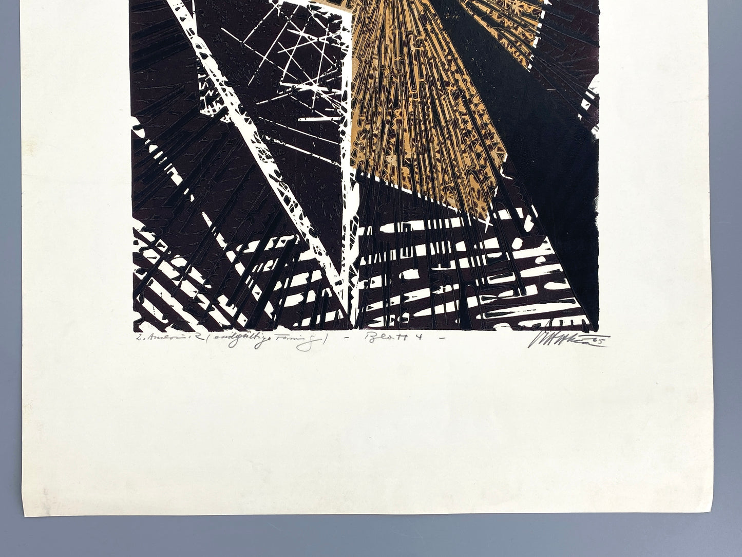 Farbholzschnitt von Volkmar Haase (1930–2012) mit metallisch glänzender Messingfarbe, 1965