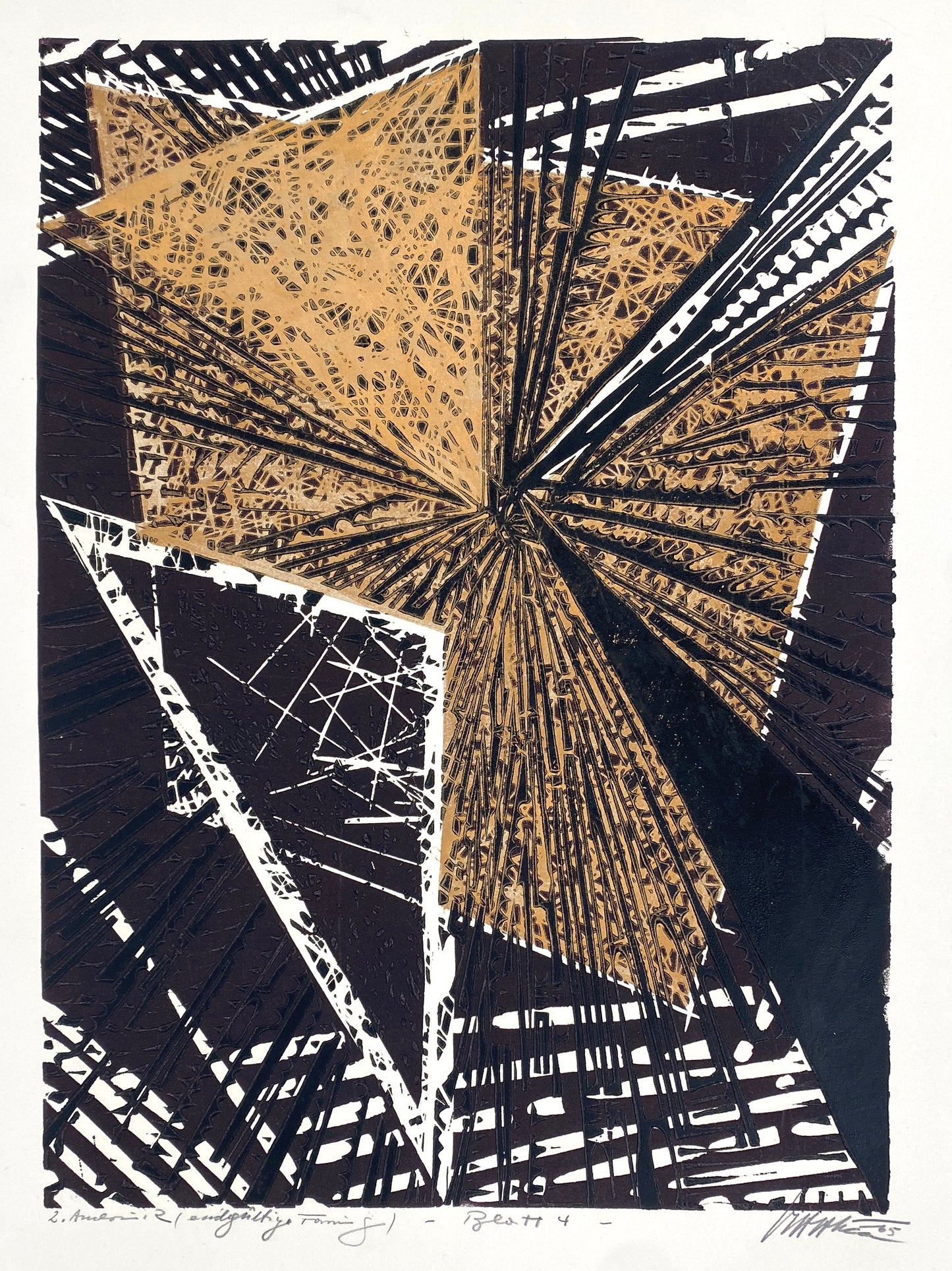 Farbholzschnitt von Volkmar Haase (1930–2012) mit metallisch glänzender Messingfarbe, 1965