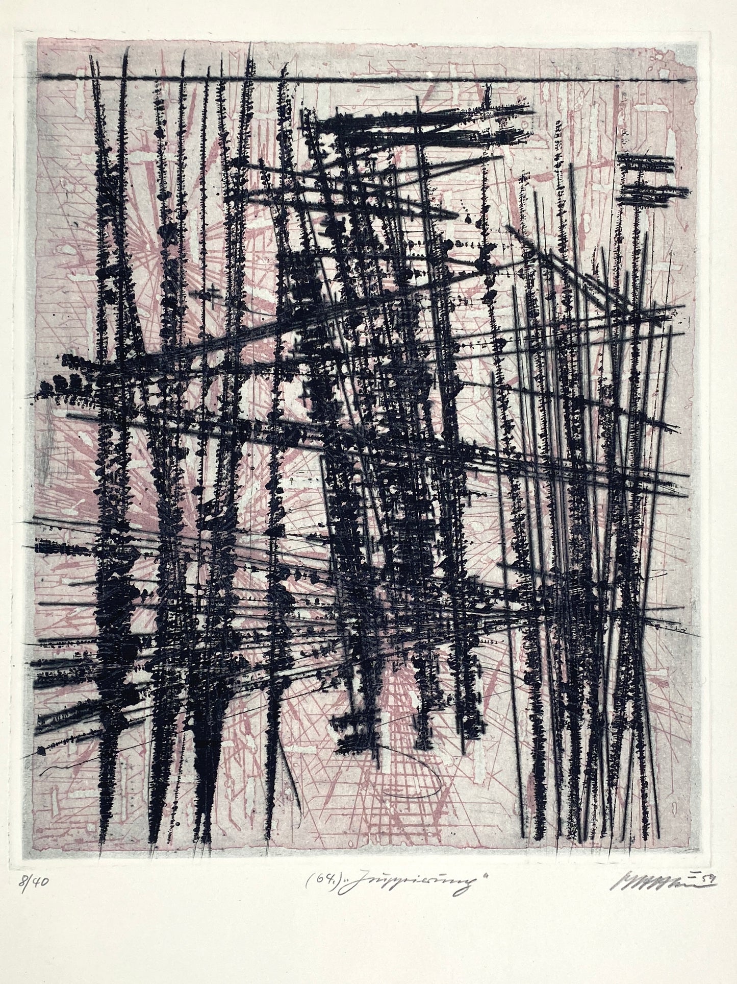 Signierte Farbradierung "Gruppierung" von Volkmar Haase (1930–2012), 1959