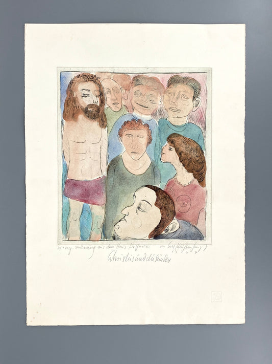 Aquarellierte Radierung "Christus und die Sünder" von Kurt Mühlenhaupt (1921–2006), 1977