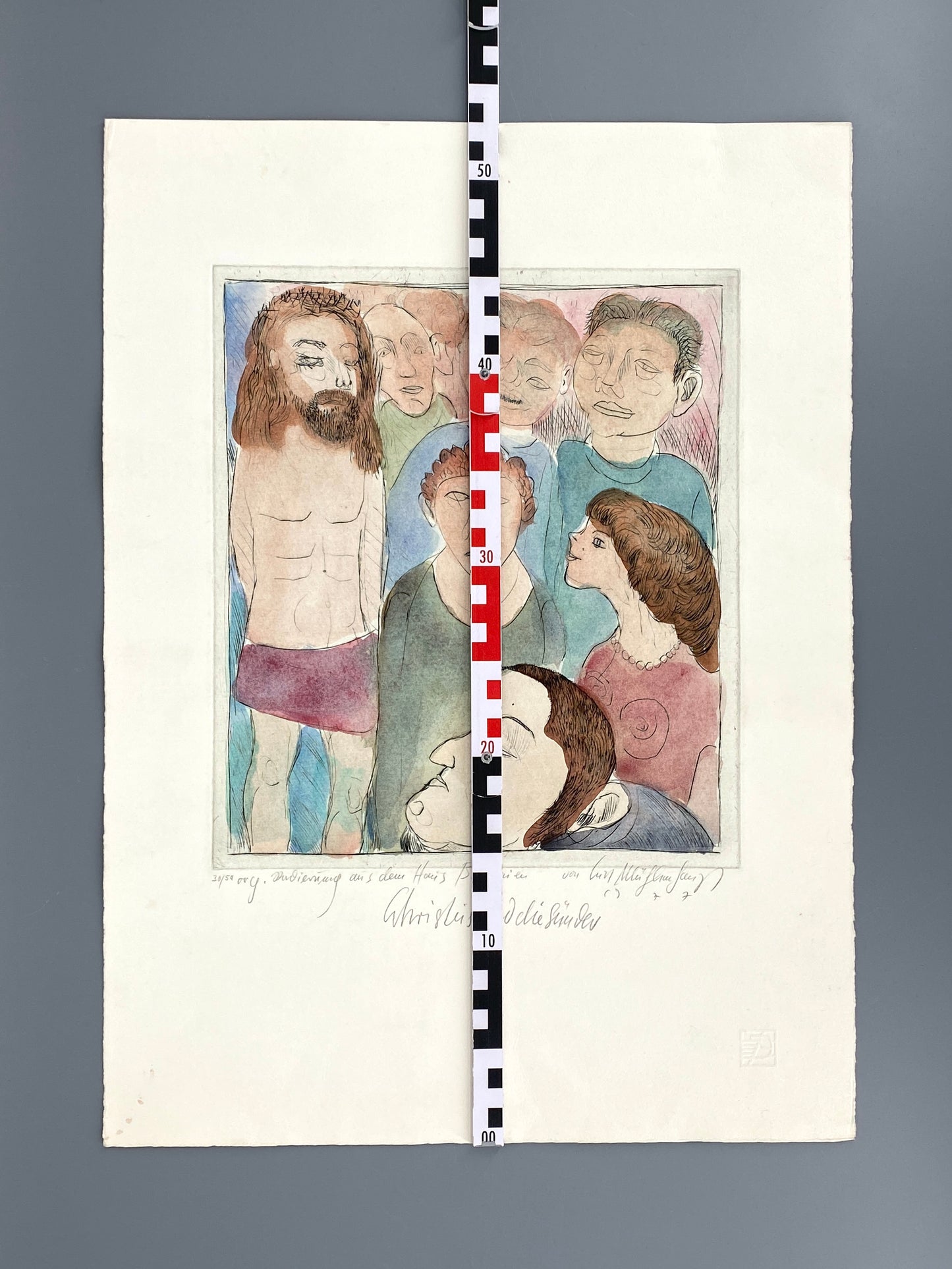 Aquarellierte Radierung "Christus und die Sünder" von Kurt Mühlenhaupt (1921–2006), 1977