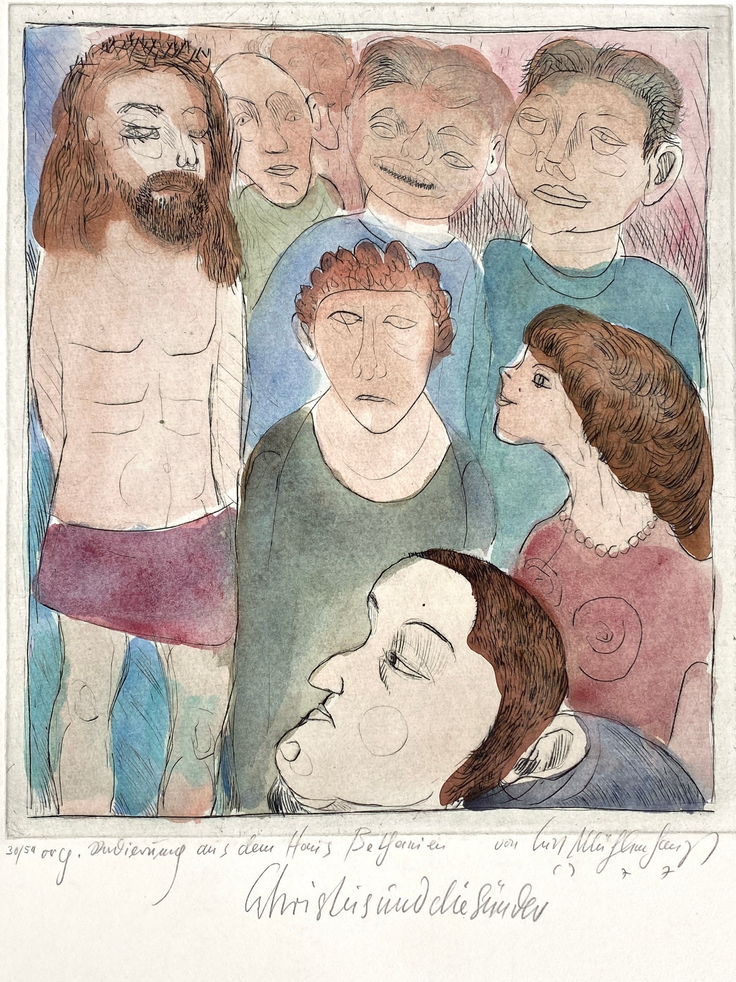 Aquarellierte Radierung "Christus und die Sünder" von Kurt Mühlenhaupt (1921–2006), 1977