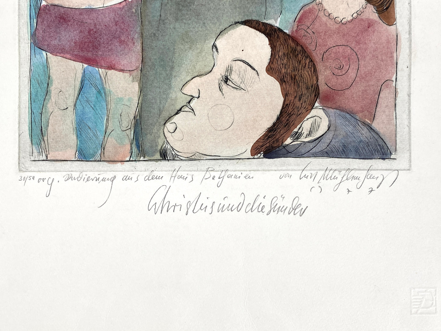 Aquarellierte Radierung "Christus und die Sünder" von Kurt Mühlenhaupt (1921–2006), 1977