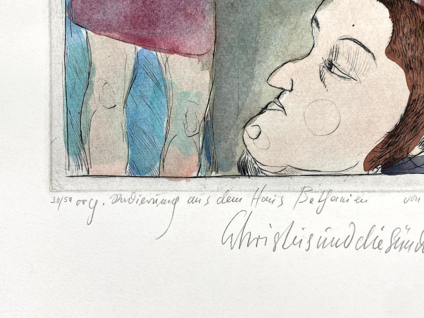 Aquarellierte Radierung "Christus und die Sünder" von Kurt Mühlenhaupt (1921–2006), 1977