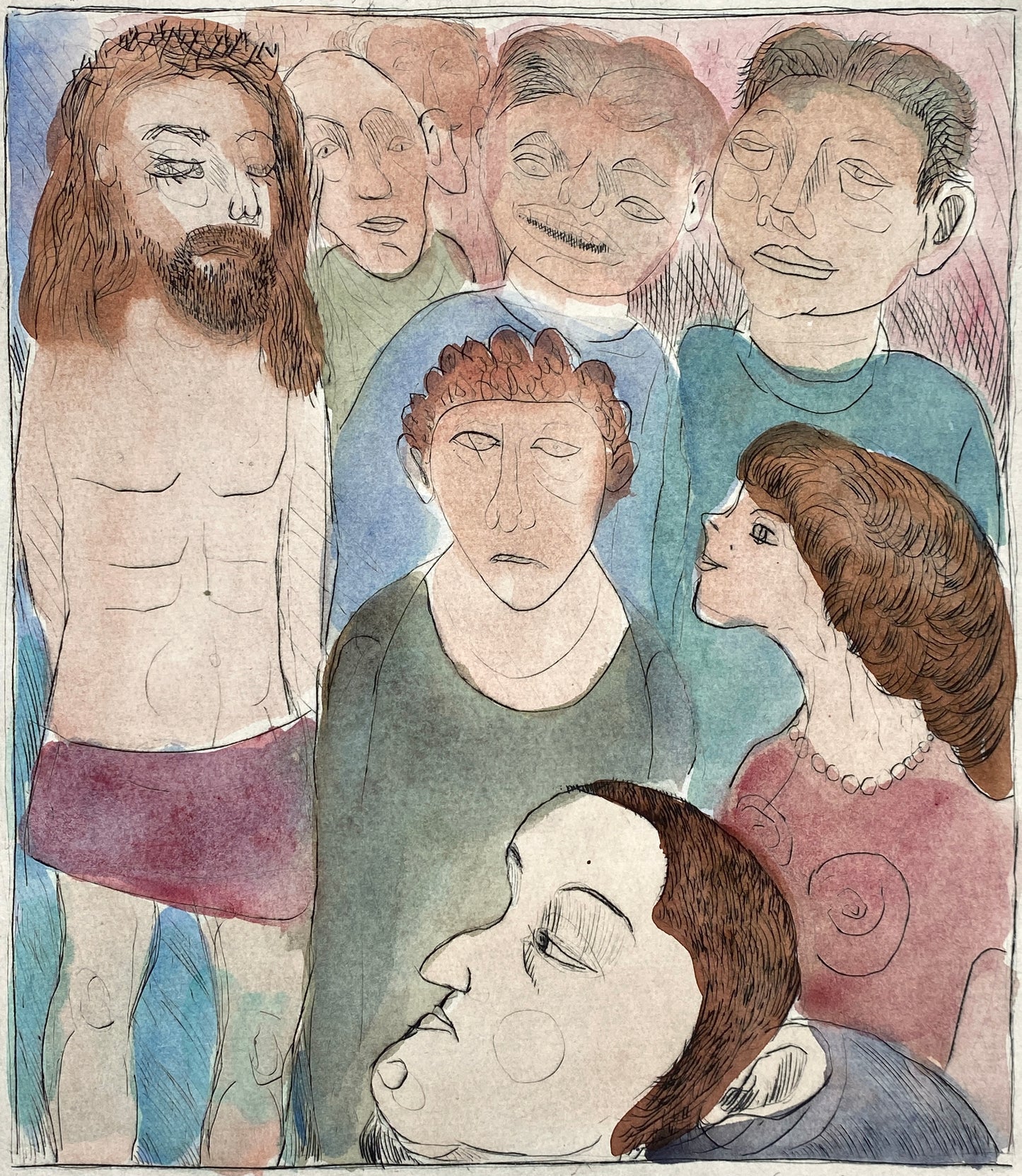 Aquarellierte Radierung "Christus und die Sünder" von Kurt Mühlenhaupt (1921–2006), 1977