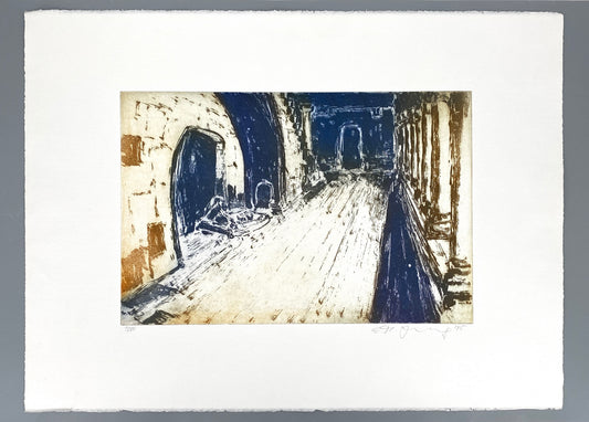 Signierte Aquatintaradierung mit sonderbarer Stimmung von unbekanntem Künstler, 1995