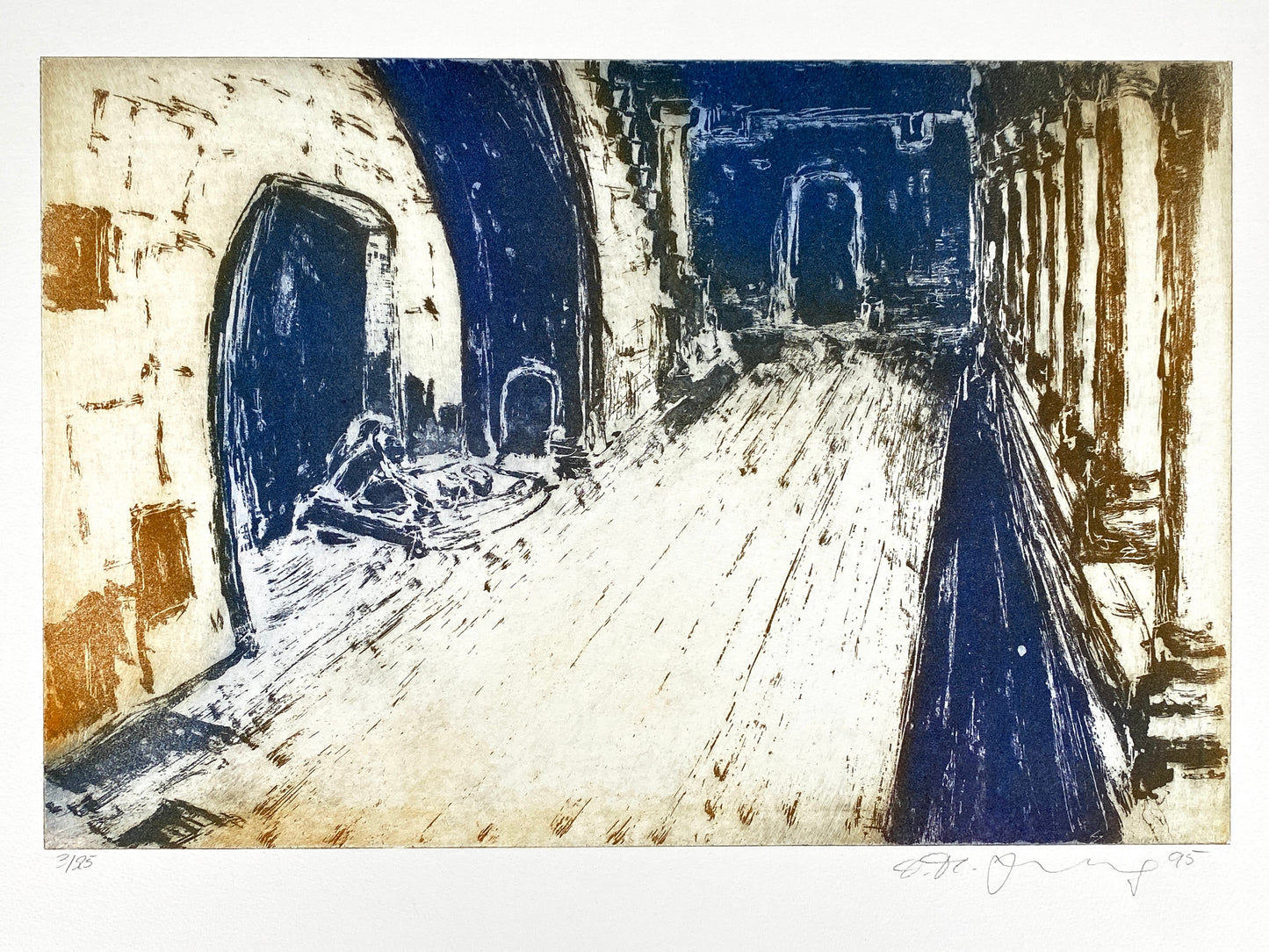 Signierte Aquatintaradierung mit sonderbarer Stimmung von unbekanntem Künstler, 1995