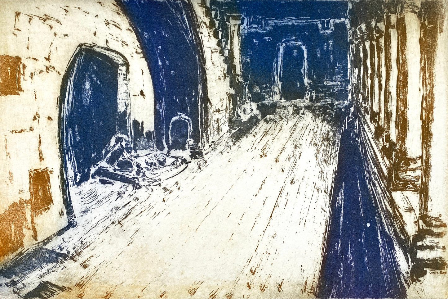 Signierte Aquatintaradierung mit sonderbarer Stimmung von unbekanntem Künstler, 1995