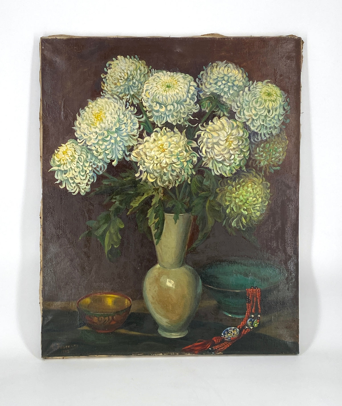 Ölgemälde "Blumenstillleben mit weißen Chrysanthemen" von A. Jascenko, 1943